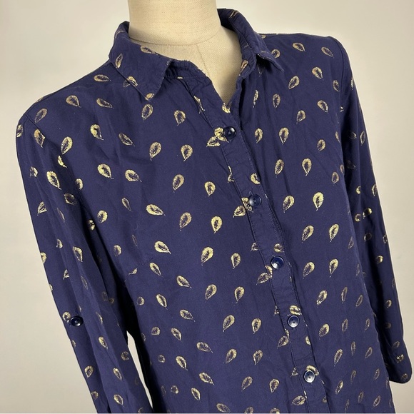 Solitaire Navy Blue Button Down Shirt with Gold Accents - Picture 3 of 9